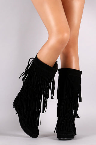 Suede Three Layer Fringe Mid Calf Boots