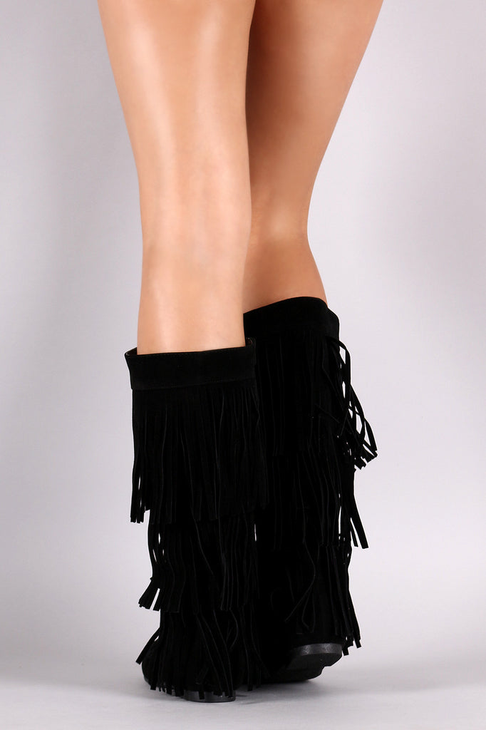 Suede Three Layer Fringe Mid Calf Boots