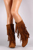 Suede Three Layer Fringe Mid Calf Boots