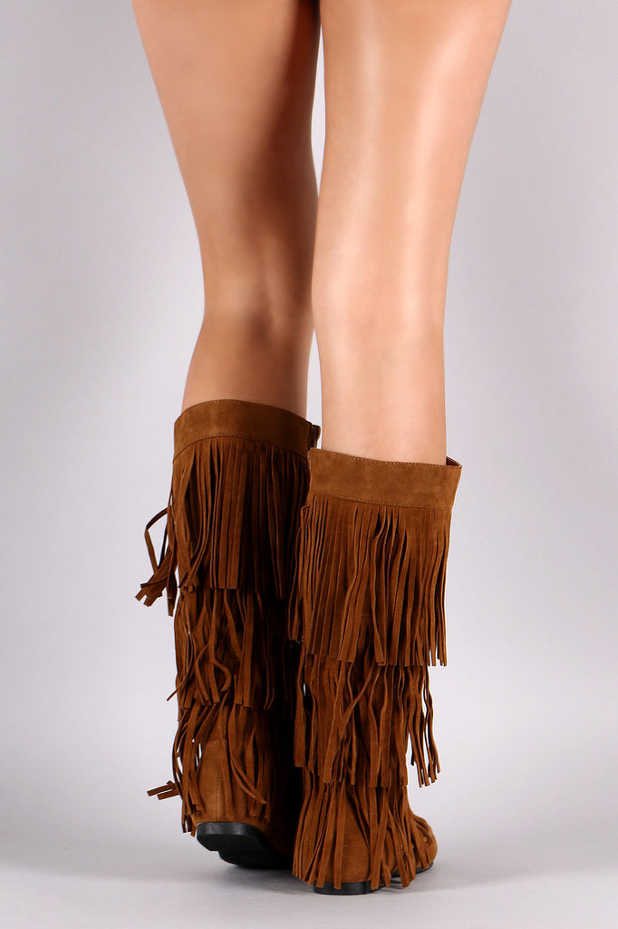 Suede Three Layer Fringe Mid Calf Boots