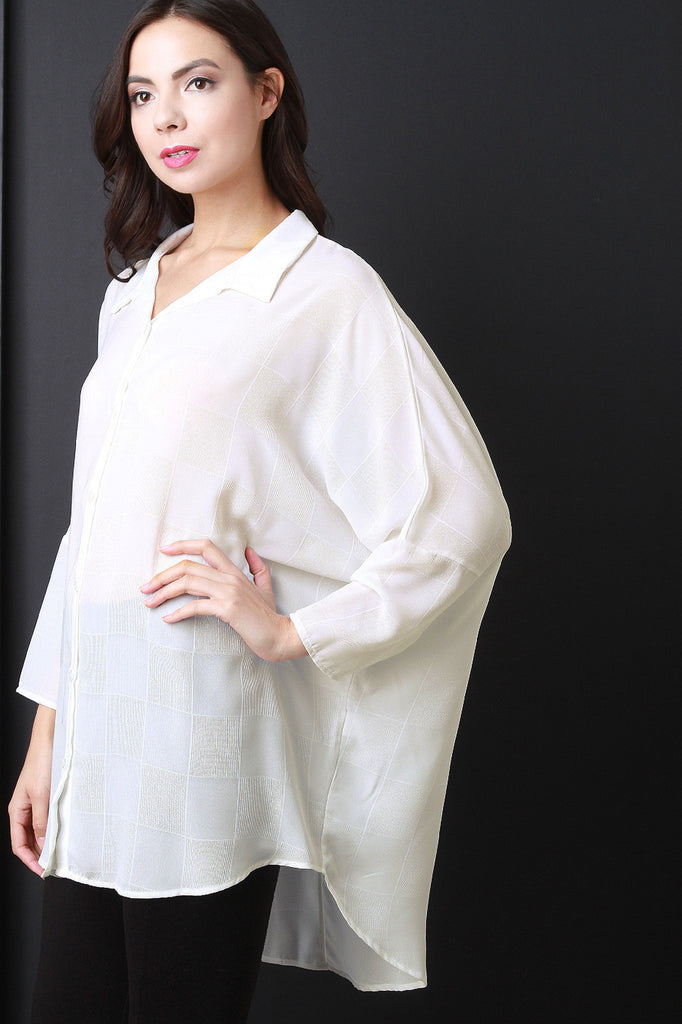 Grid Button-Up Collar Oversized Chiffon Shirt