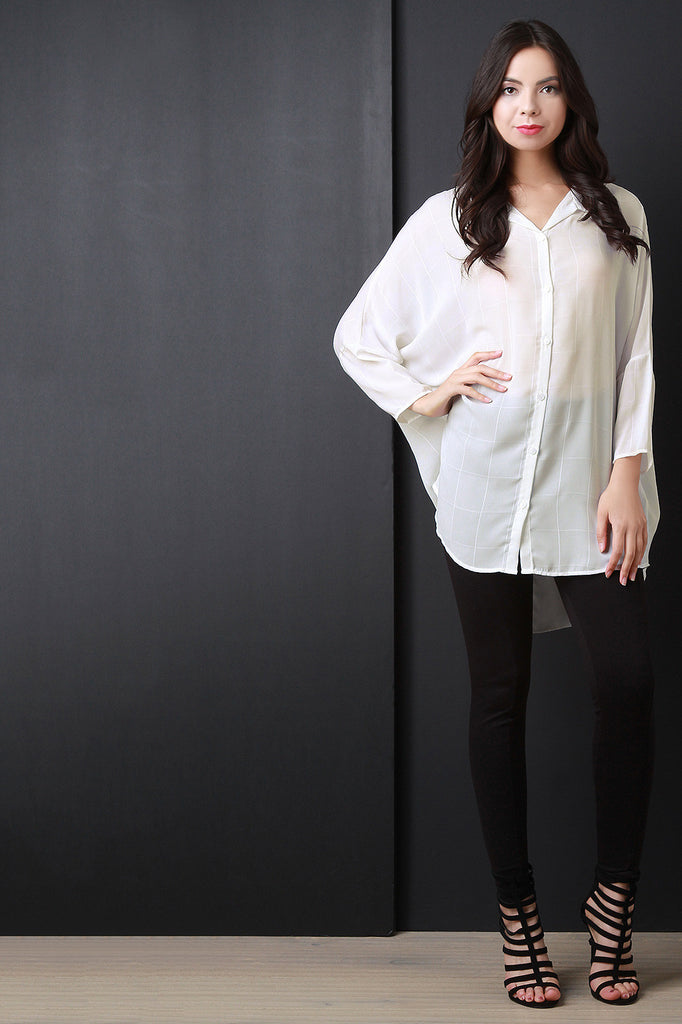 Grid Button-Up Collar Oversized Chiffon Shirt