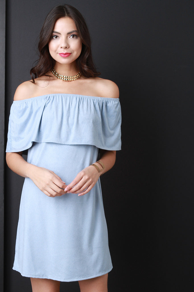 Vegan Suede Off-The-Shoulder Ruffle Shift Dress