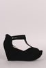 Nubuck Peep Toe T-Strap Platform Wedge