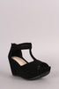 Nubuck Peep Toe T-Strap Platform Wedge