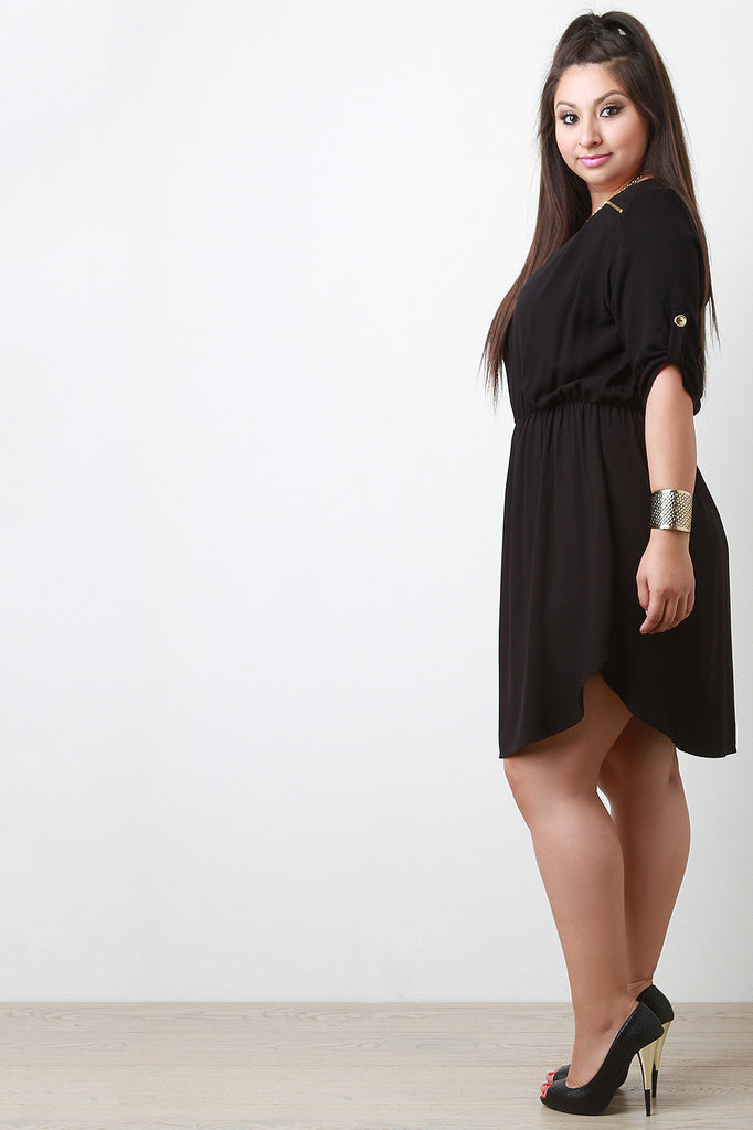 Zipper Trim Cinched Waist Elbow Sleeves Dress