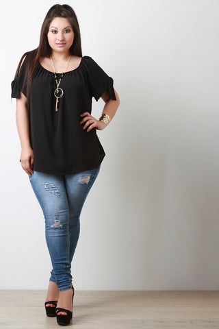 Cold Shoulder Knotted-Tie Necklace Blouse Top