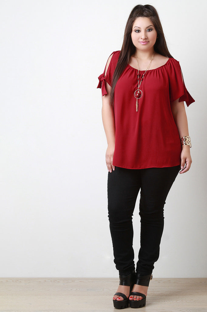 Cold Shoulder Knotted-Tie Necklace Blouse Top