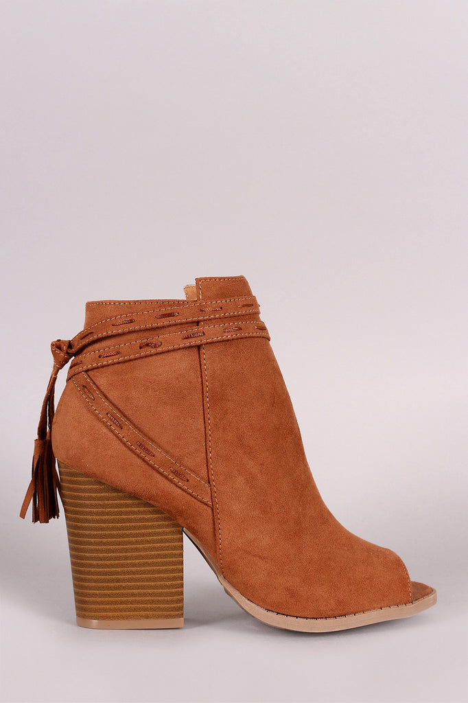 Qupid Open Toe Chunky Heel Tassel Booties