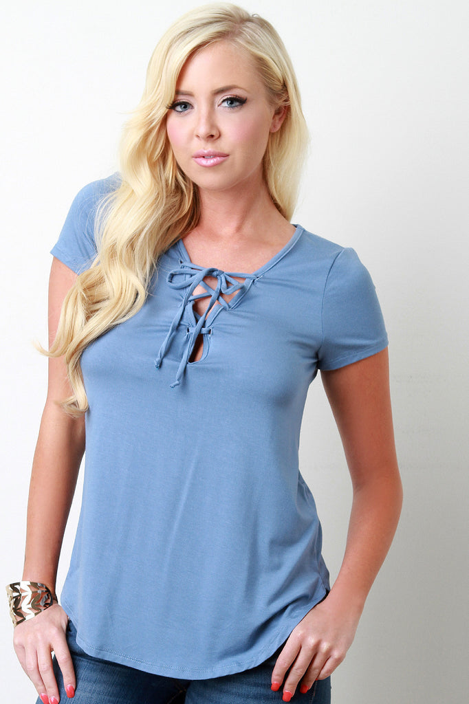 Basic Lace-Up V-Neck Jersey Top