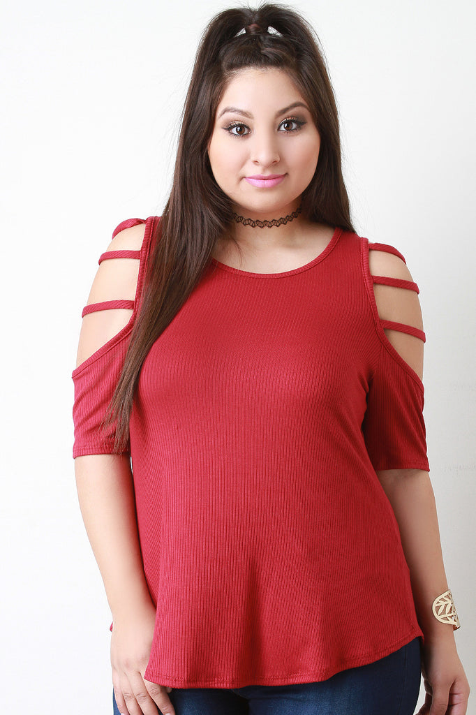 Ladder Cold Shoulder Ribbed Knit Top