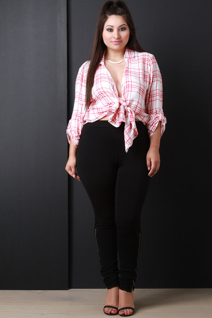 Self-Tie Plunging Neckline Plaid Top