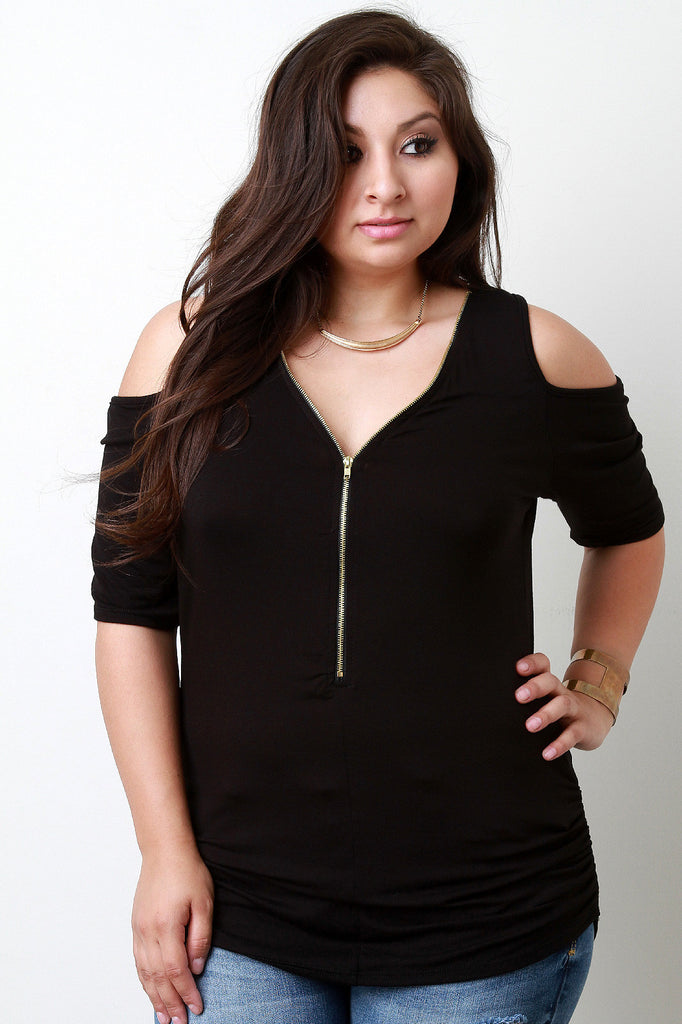 Zippered V-Neck Cold Shoulder Top