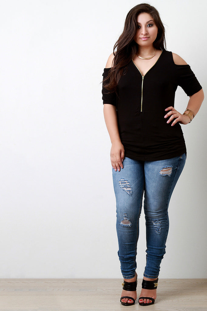 Zippered V-Neck Cold Shoulder Top