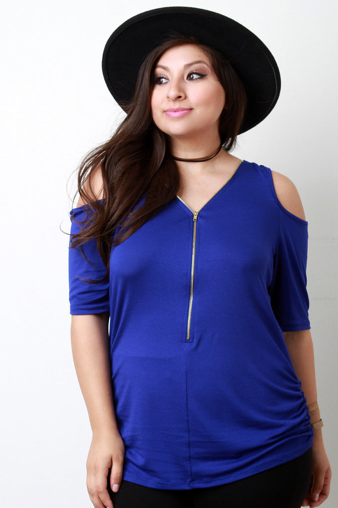 Zippered V-Neck Cold Shoulder Top