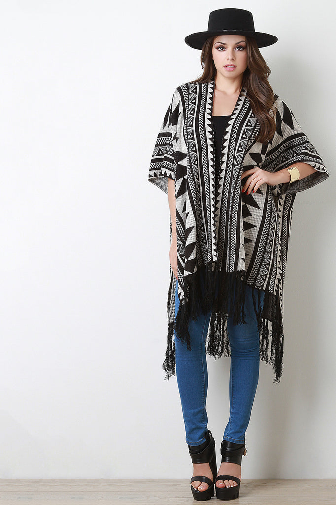 Tribal Print Fringe Hem Poncho