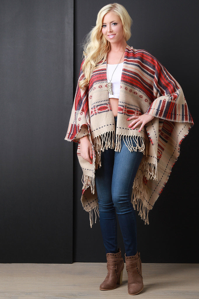 Reversible Navajo Print Fringe Poncho