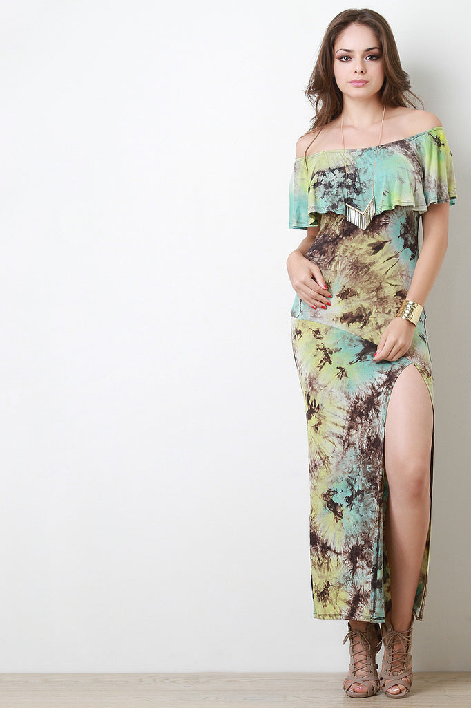 Multi Color Tie Dye Flutter Bardot Maxi Dress