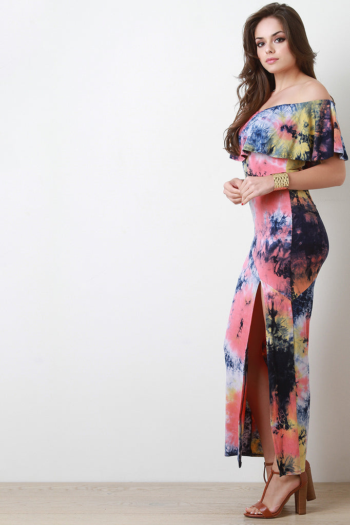 Multi Color Tie Dye Flutter Bardot Maxi Dress