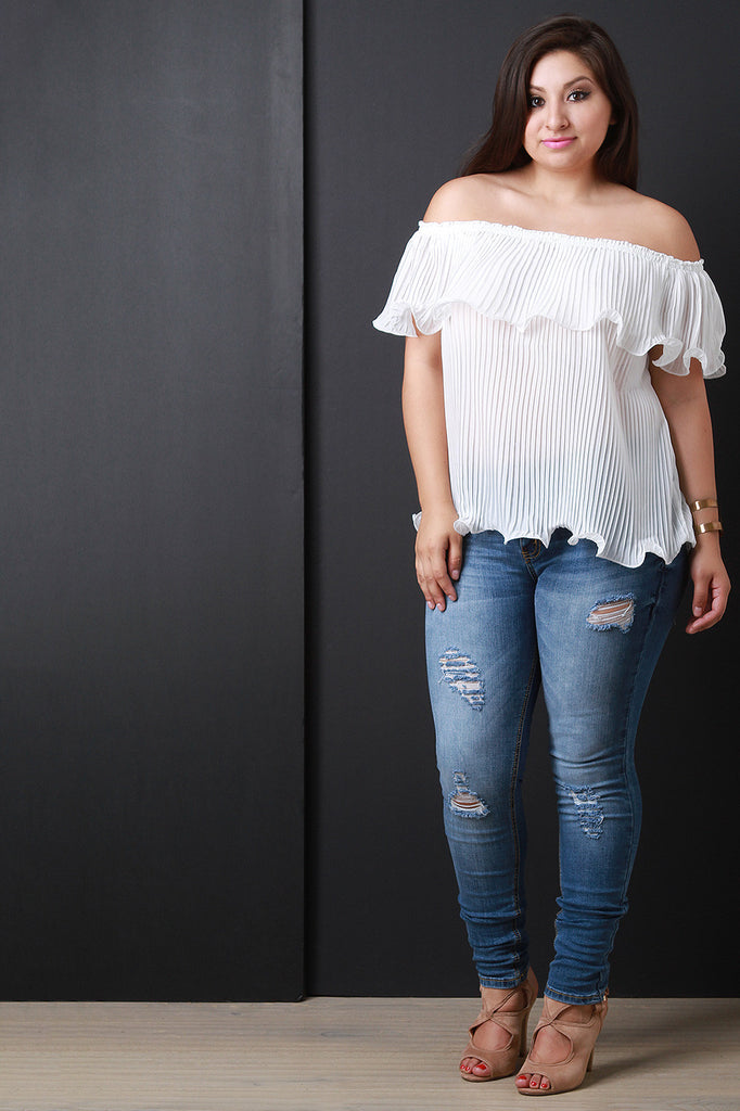 Chiffon Off The Shoulder Pleated Ruffle Blouse