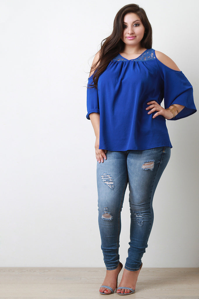 Lace Yoke Cold Shoulder Blouse