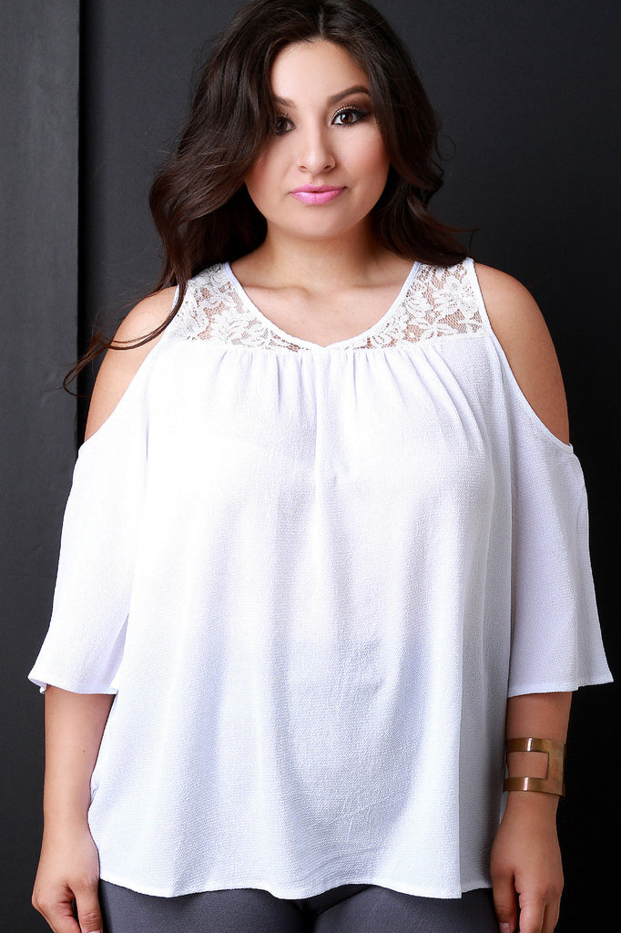 Lace Yoke Cold Shoulder Blouse