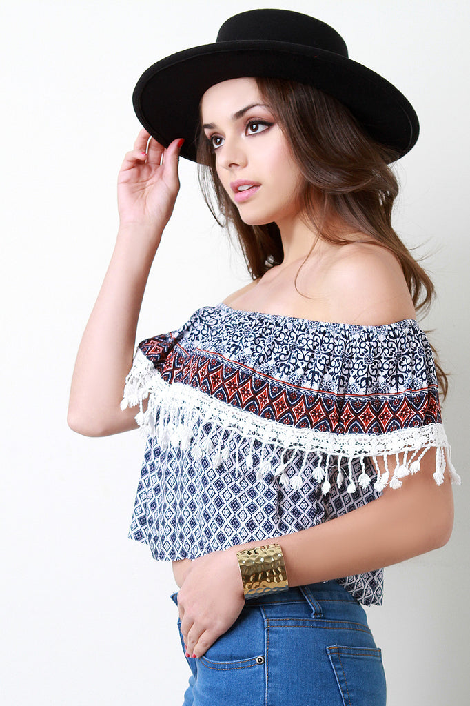 Boho Crochet Lace Trim Off The Shoulder Crop Top