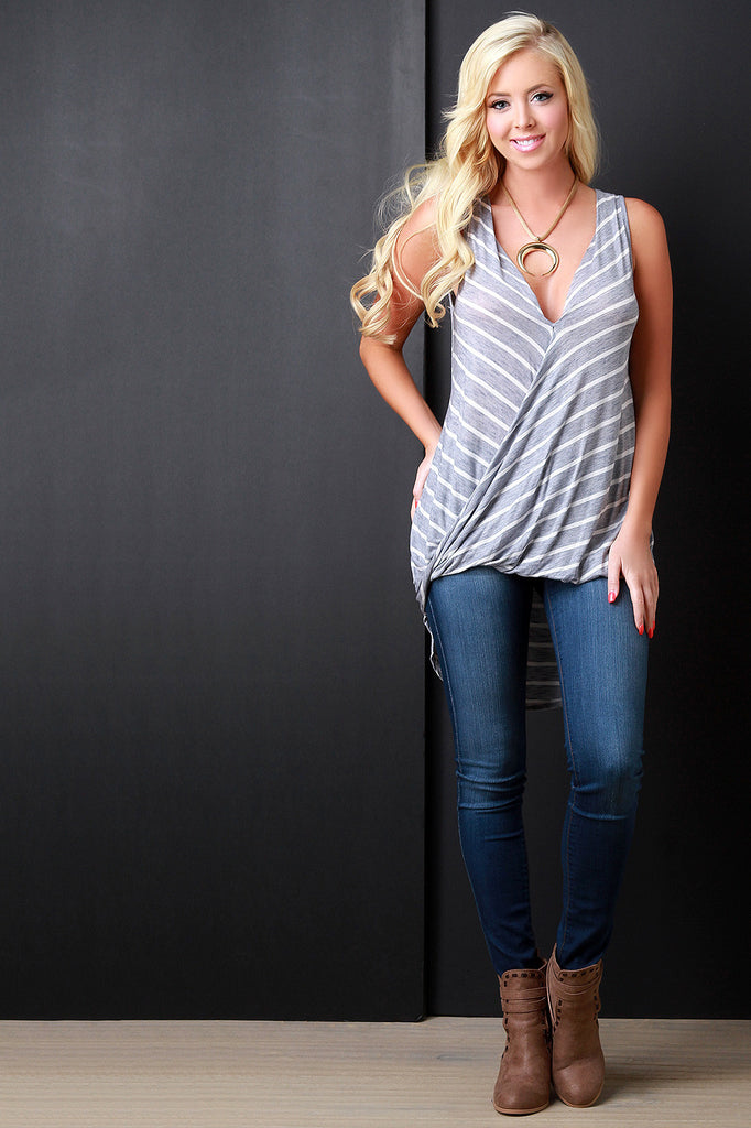 Striped Deep V Twisted Drape High Low Top