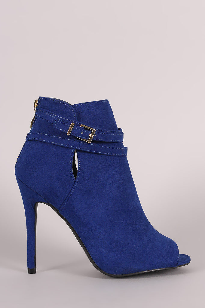 Qupid Suede Strappy Buckled Peep Toe Stiletto Booties