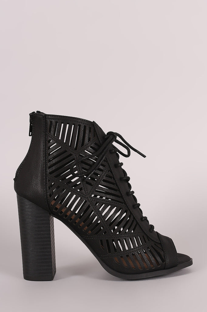 Delicious Geo Cutout Lace-Up Chunky Heeled Booties