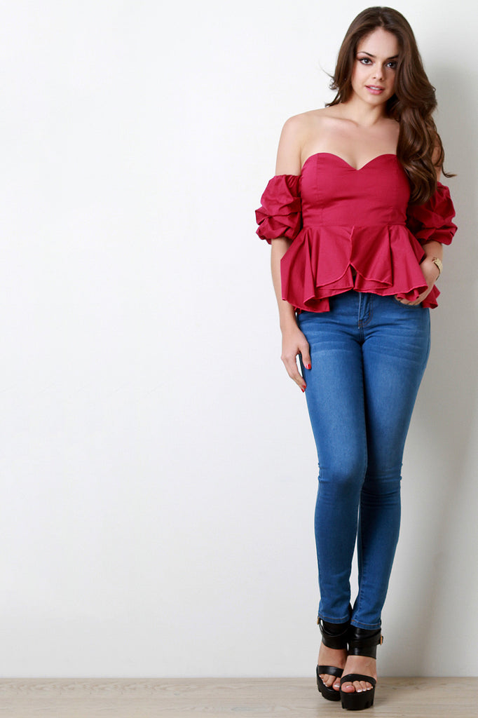 Ruffled Sleeves Peplum Tube Top