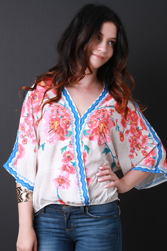 Dolman Sleeve Floral Print Surplice Top