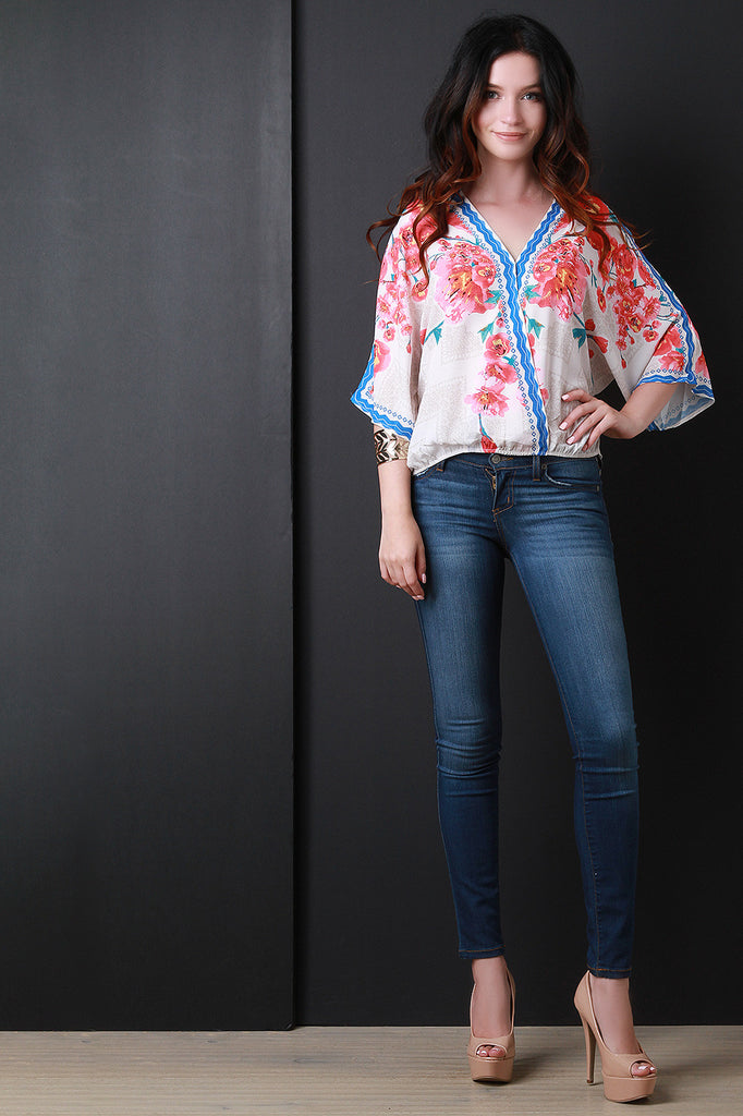 Dolman Sleeve Floral Print Surplice Top