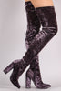 Crushed Velvet Pointy Toe Chunky Heel OTK Boots