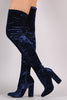 Crushed Velvet Pointy Toe Chunky Heel OTK Boots