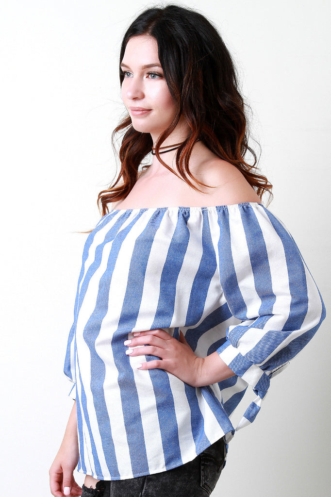 Stripes Off The Shoulder Bow Cuffed Sleeves Top