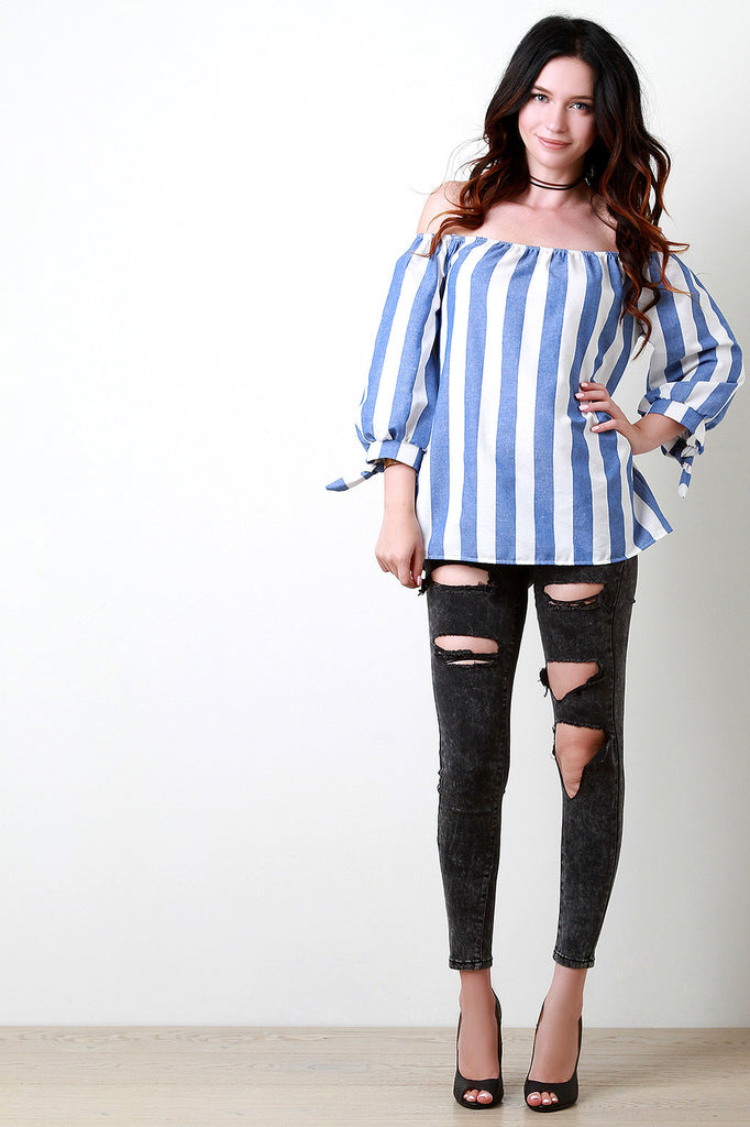 Stripes Off The Shoulder Bow Cuffed Sleeves Top