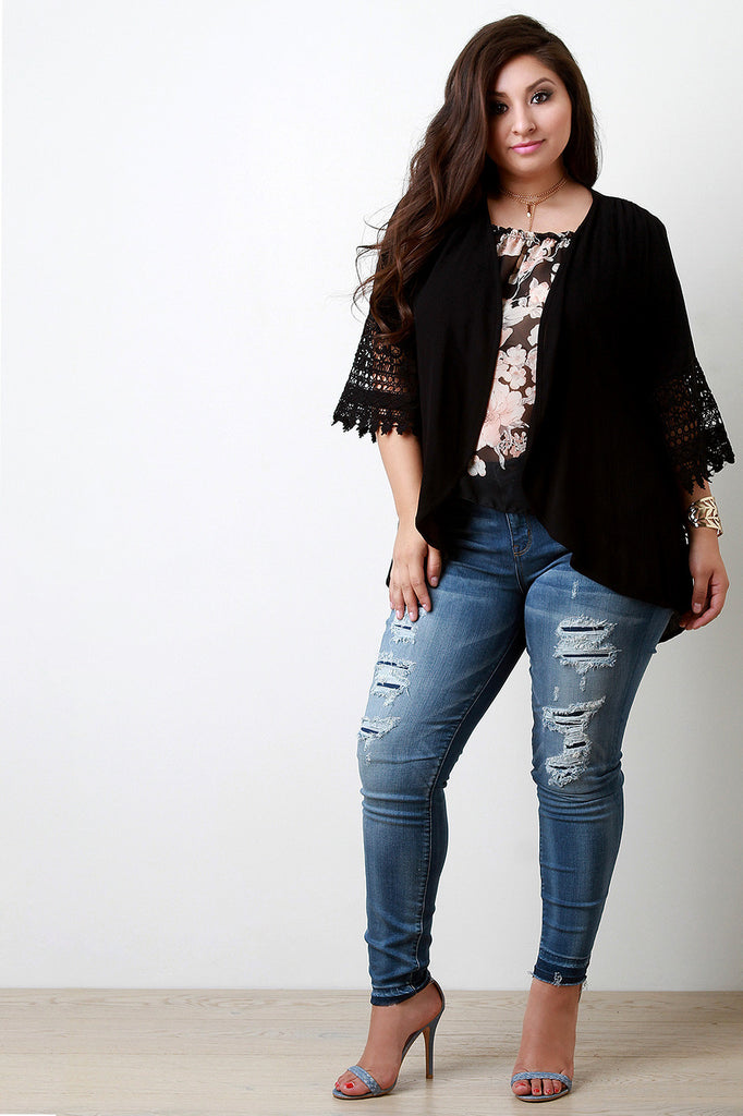 Scallop Crochet Sleeve Open Front Cardigan