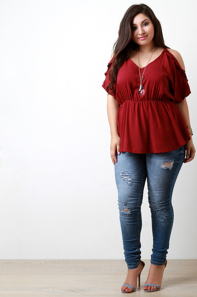 Ruffle Cold Shoulder Ruched Midriff Top