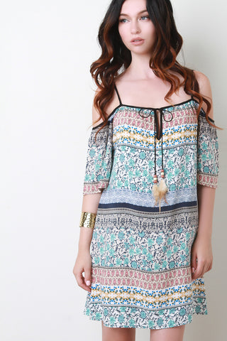 Mixed Pattern Open Shoulder Shift Dress