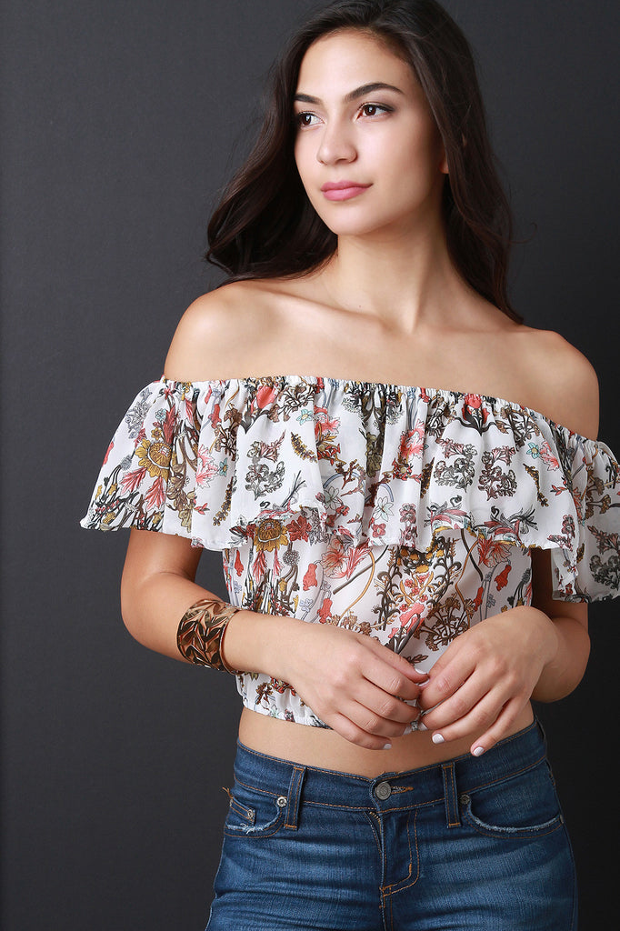 Semi-Sheer Off the Shoulder Floral Stems Crop Top