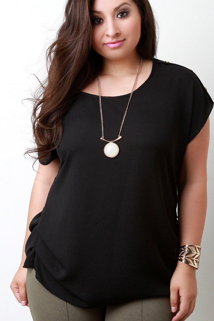 Solid Woven Button Accent Shoulder Dolman Top