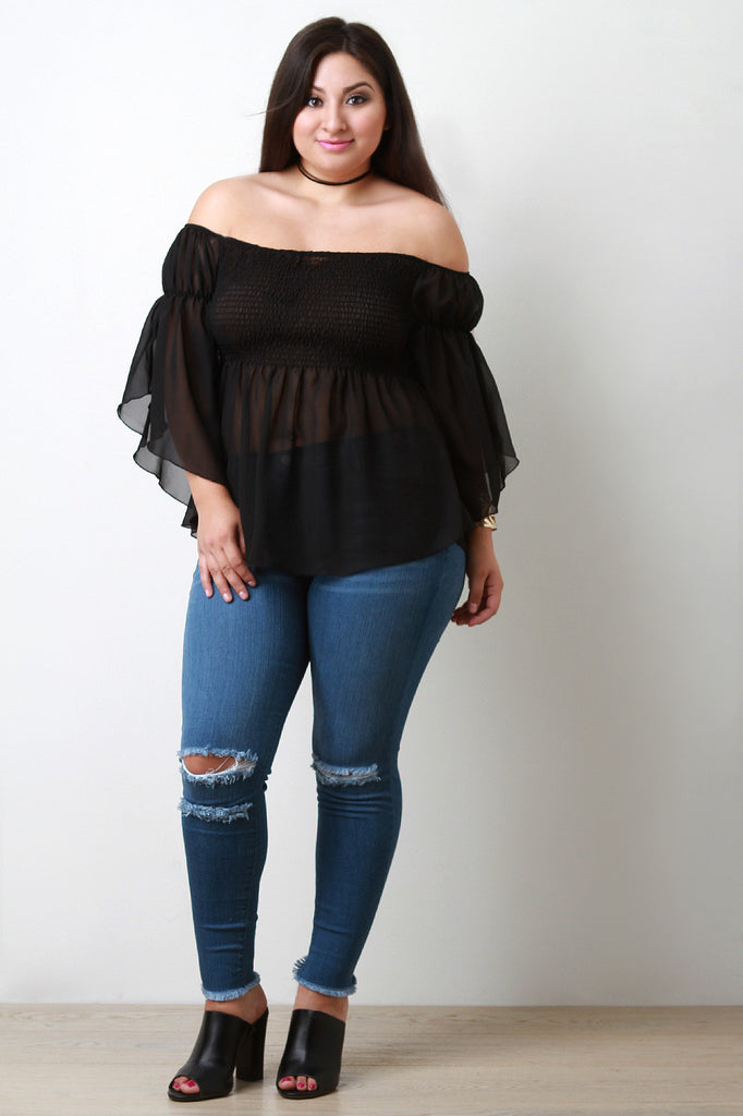 Off The Shoulder Chiffon Long Sleeve Top