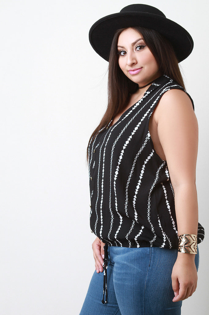 Geo Print Semi Sheer Sleeveless Blouse Top