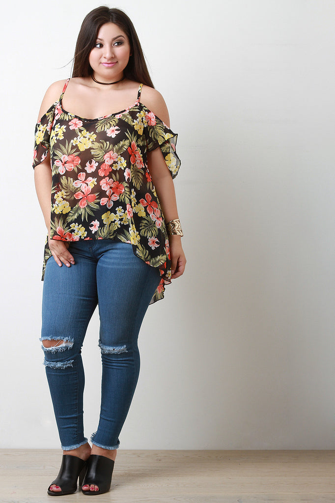 Semi-Sheer Tropical Cold Shoulders Top