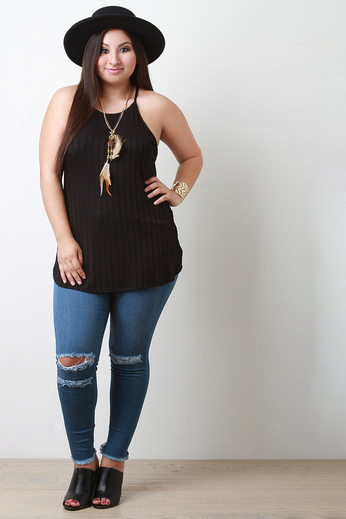 Feather Necklace Ribbed Trapeze Top