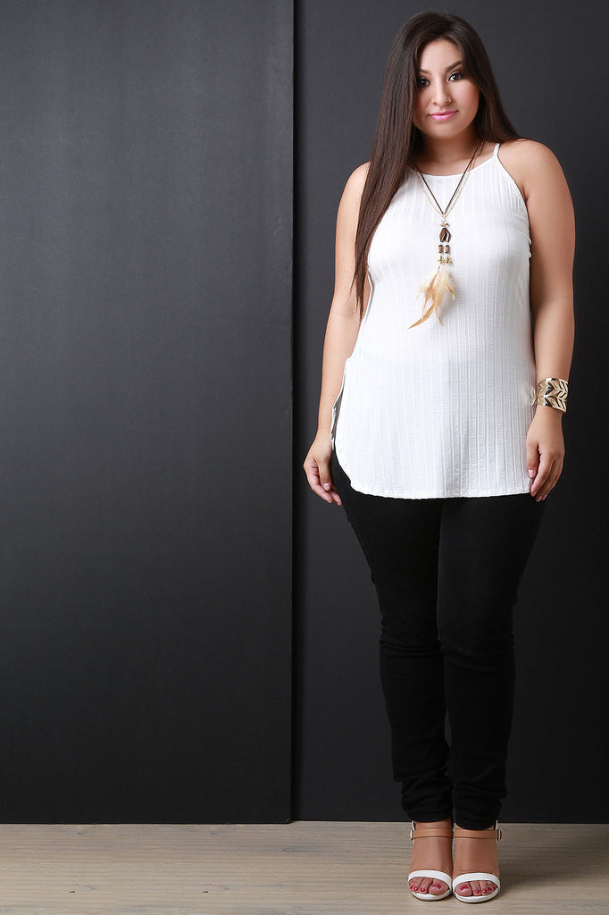 Feather Necklace Ribbed Trapeze Top