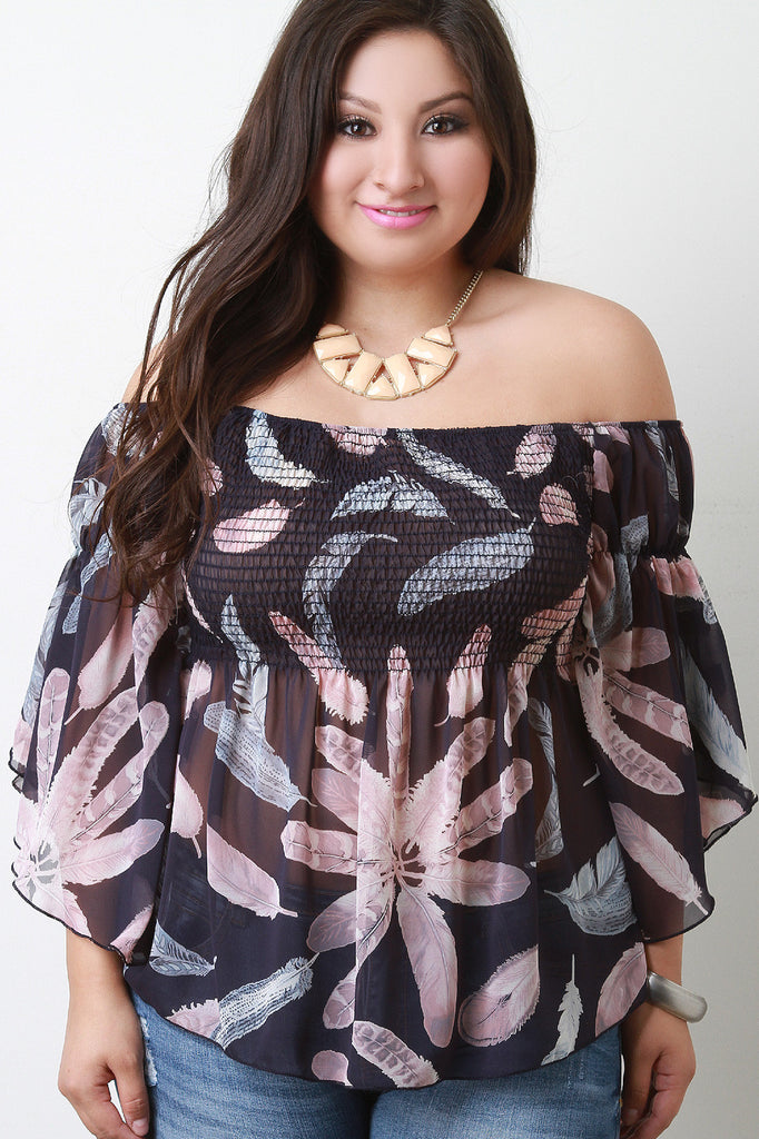 Off The Shoulder Feather Print Chiffon Top