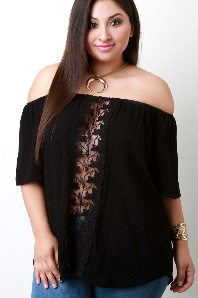 Off The Shoulder Crochet Lace Leaves Panel Top