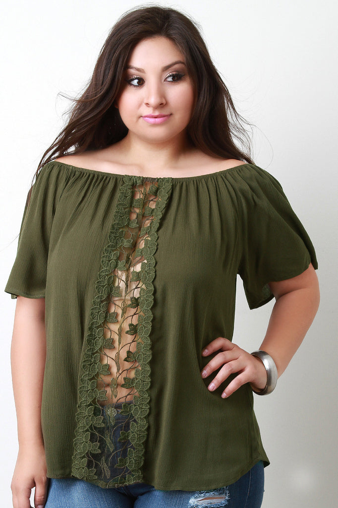 Off The Shoulder Crochet Lace Leaves Panel Top